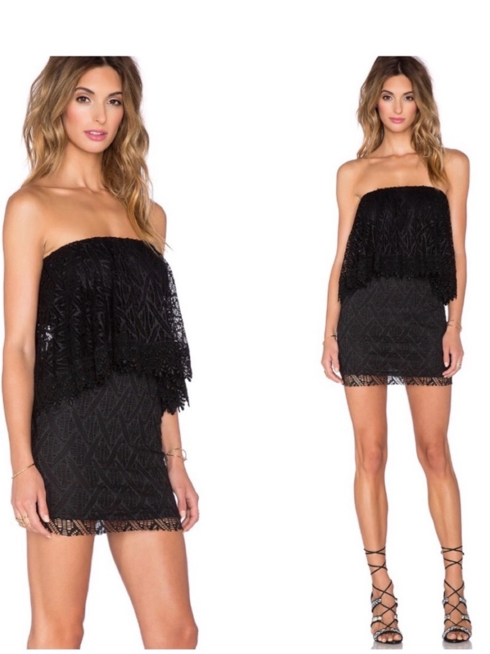 T-bags Black Tiered Strapless Crochet lace Dress